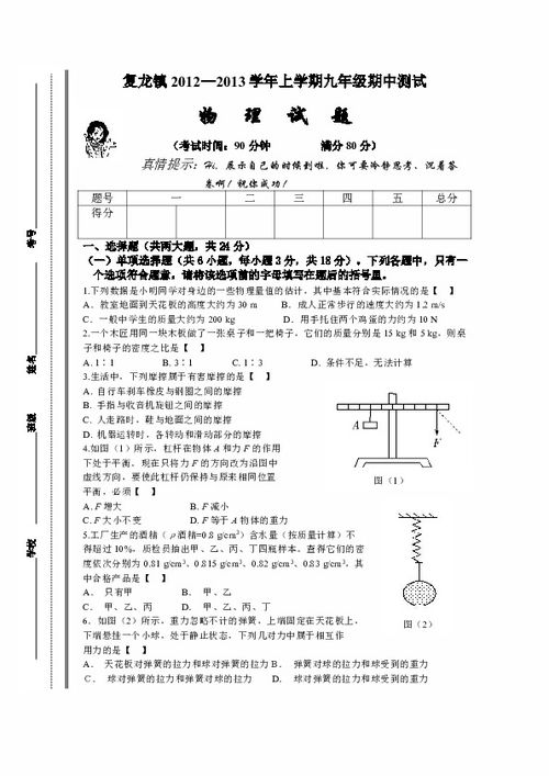 复龙镇2012 2013学年上学期九年级期中测试物理试卷及参考答案下载 物理 21世纪教育网 