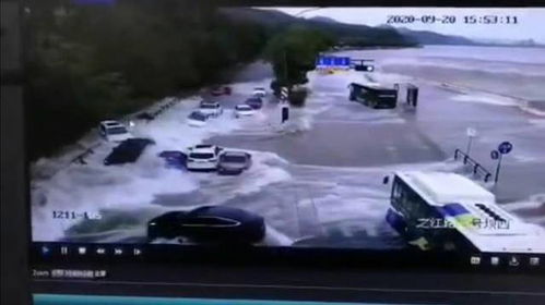 钱塘江潮水活动凶猛 冲上路面冲跑十多辆行驶车辆