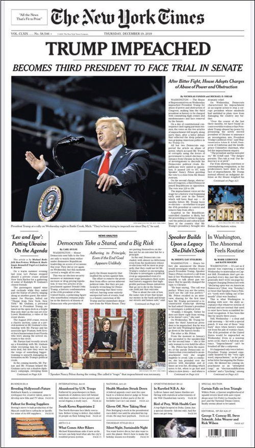 各大美媒头版报道特朗普被弹劾 华盛顿 糟糕的1天