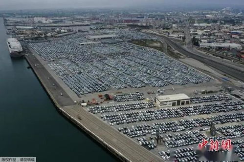 航拍美国加州洛杉矶港 大量新产汽车整齐排列滞留码头