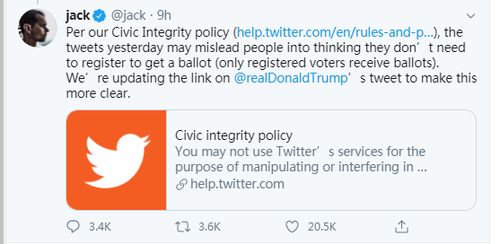 推特CEO回应给特朗普贴 事实核查 标签 方便人们自己作出判断