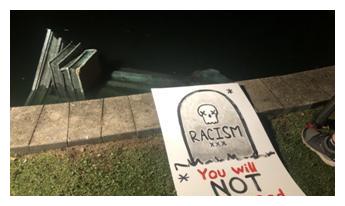又倒一座 美国示威者拆哥伦布雕像 纵火并扔入湖中