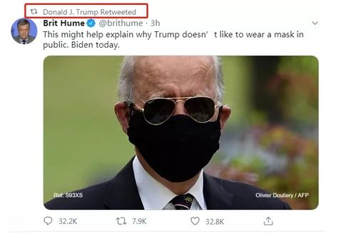 CNN新闻被特朗普转推嘲笑戴口罩 太阳镜挡住脸后
