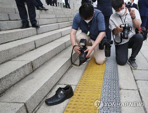 该男子在国会大楼前向文在寅扔鞋,被警方带走