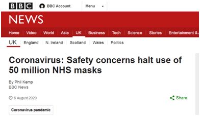 价值1.5亿英镑口罩均出现安全问题 英国政府叫停5千万只医用口罩