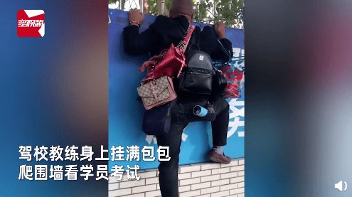 可爱 教练身上挂满包爬墙头看学员驾考 像极了老父亲送孩子上学