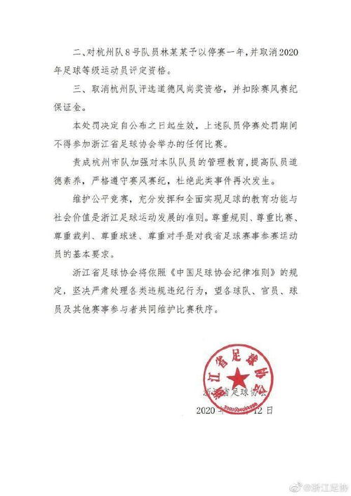 浙江足协公布处罚决定 U14飞踹球员停赛一年