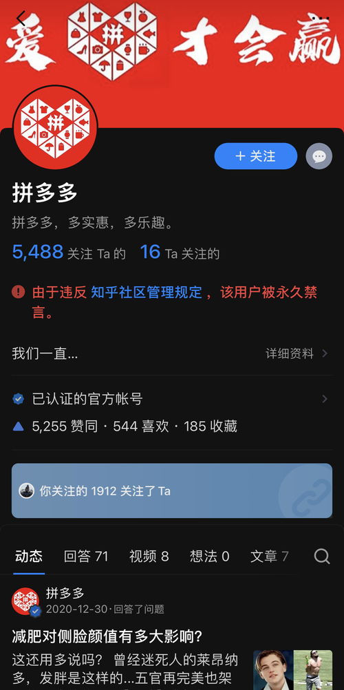 拼多多知乎账号被永久禁言 