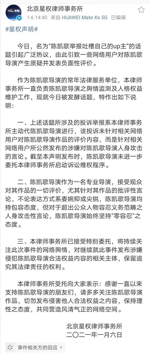 陈凯歌举报吐槽自己的up主 律所声明,主要举报人身攻击言论