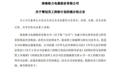 格力电器 拟筹划员工持股计划,不超总股本3