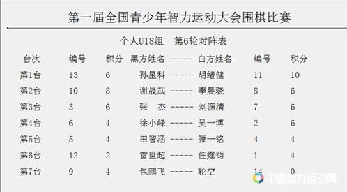 首届全国青少年智力运动大会围棋比赛第6轮对阵