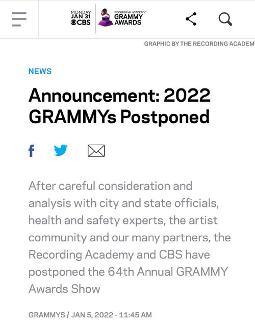 格莱美颁奖典礼确认推迟举行!(格莱美颁奖典礼2022)