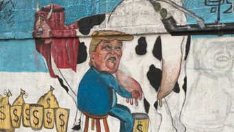 也门人画特朗普,沙特国王挤奶壁画 对战争表示不满(特朗普夸张画)