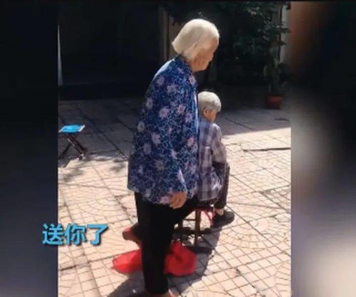 白发奶奶摇晃晃地玩丢手帕